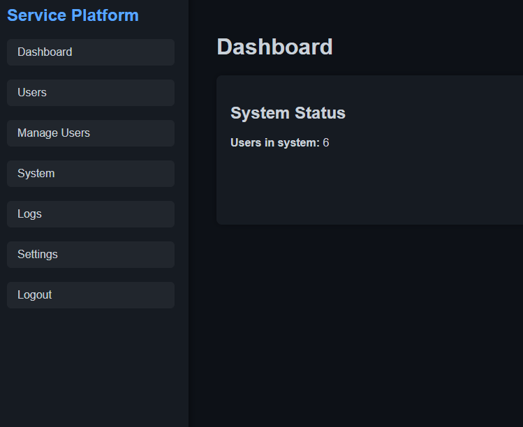 Dashboard view with system status and total users