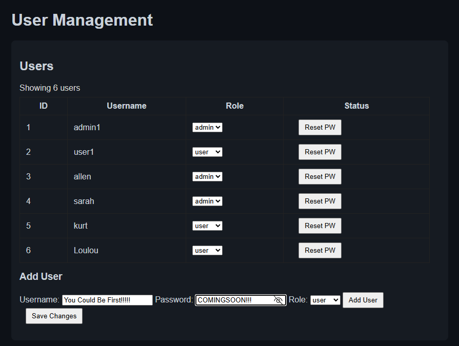 User management panel with roles and admin-only controls